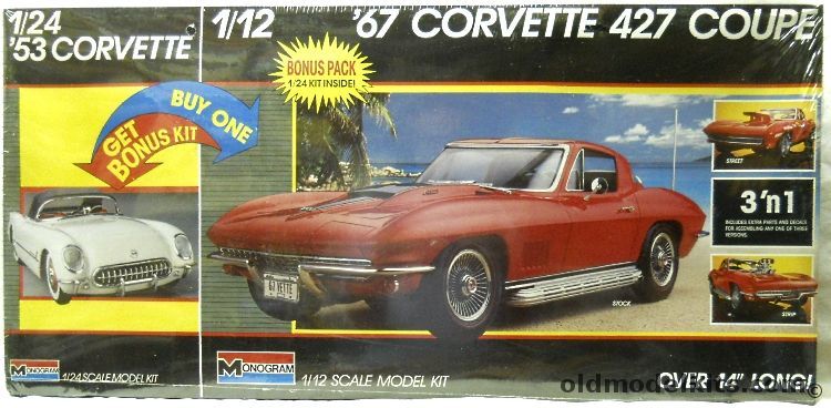 Monogram 1/12 1967 Chevrolet Corvette 427 With 1953 Corvette - Stock / Drag Strip / Street Racer, 6089 plastic model kit